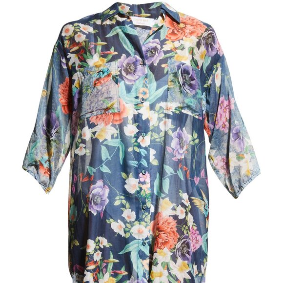 Johnny Was Sunrise Blue Flower Swim Resort Cover Up Floral Paria Shirt Dress NEW - Picture 5 of 7